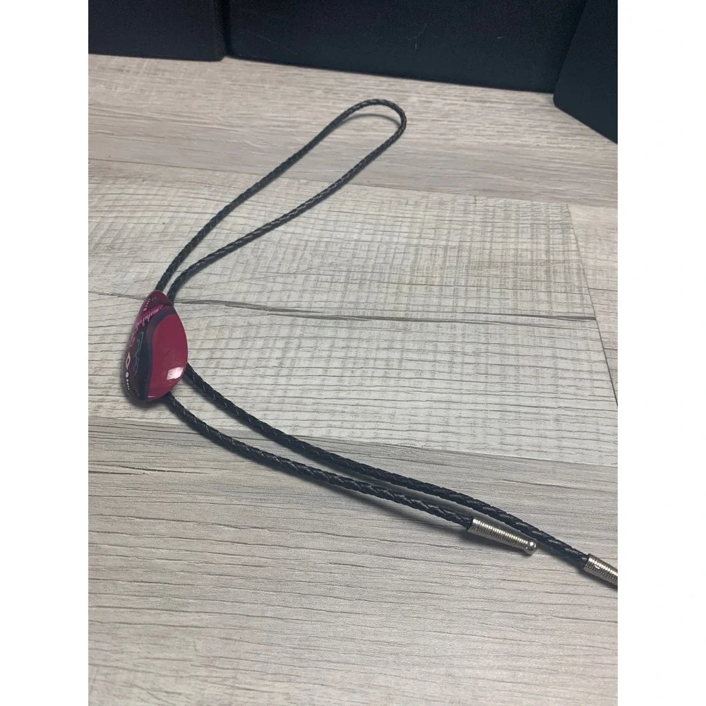 Vintage Hand Painted Magenta Tribal Teardrop Bolo Tie Black Braided Cord 3871